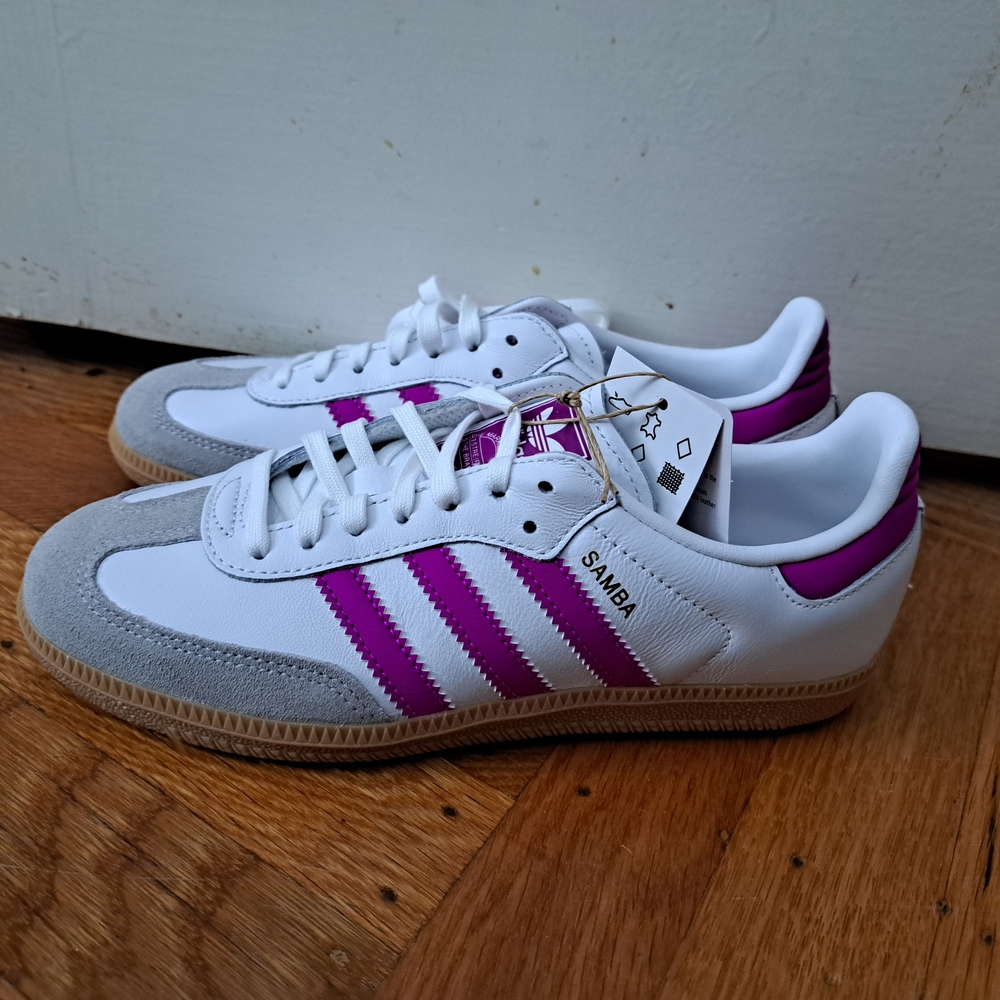 NWT Adidas Samba OG Sneakers - White and Purple, Size 5 Big Kids